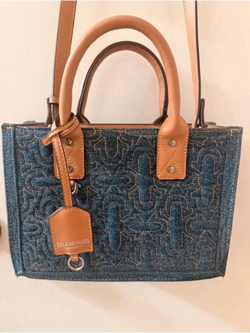 True Religion Denim Satchel with Tan Leather Trim